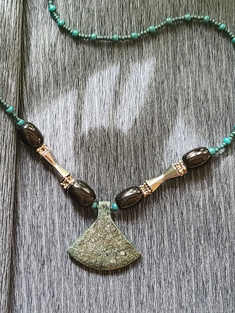Statement Luxury Green Jasper & Black Obsidian Tribal Artifact Totem Necklace